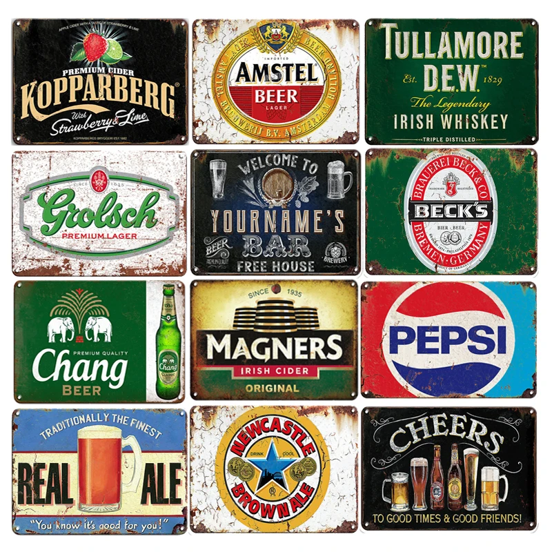 

Beer Tin Sign Classic Shabby Decorative Plaques Beer Wine Poster Art Crafts Metal Tin Sign Bar Wall Plate Printed Pictures Decor