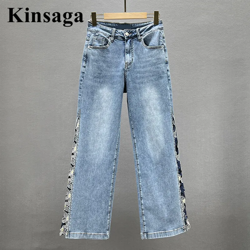 Harajuku Embroidery Pierced Jeans Lady Street Aesthetic Side Rhinestone Stripe Straight Demin Pants Boyfriend Trousers Women