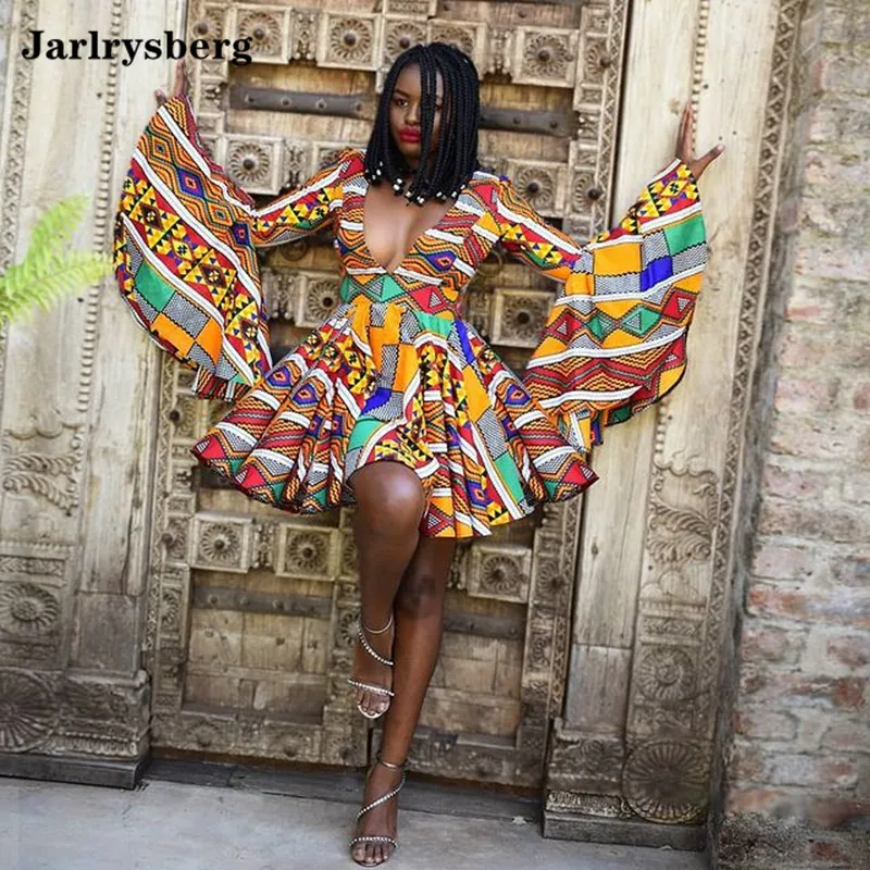 

Women's Autumn 2021Print Mini Party Sexy Deep V-Neck Flared Long Sleeves African Dresses For Women Casual High Waist Short Skirt