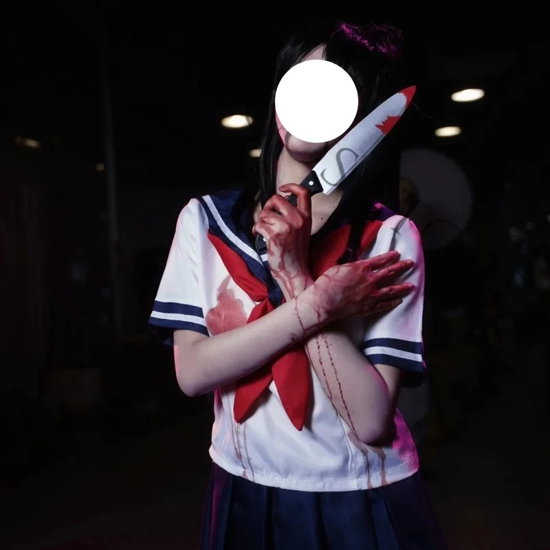 Фото Костюм для косплея Аяно Айши из игры Yandere, бело-синяя матросская форма, красный галстук-бабочка и плиссированная юбка, парик, полный комплект. №2