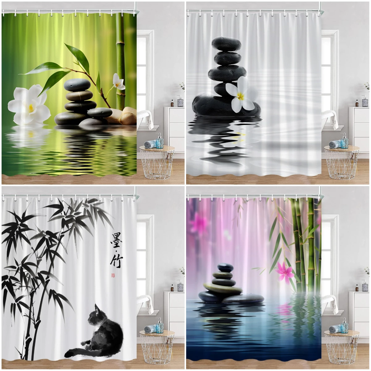 Шторы для душа Zen Buddha с зелеными бамбуковыми и черными камнями декоративные