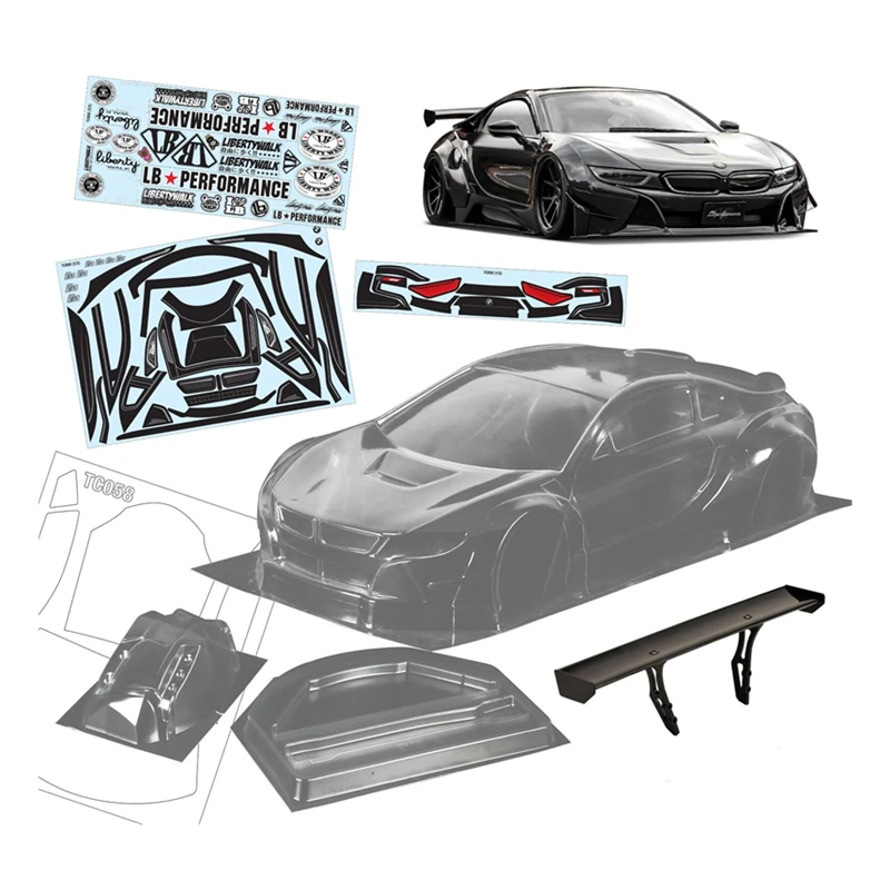 1/10 Rc Car Toys i8 Rc Drift Body Housing, 200mm Body Shell With Lamp Cup/Tail Wing + Color Stickers