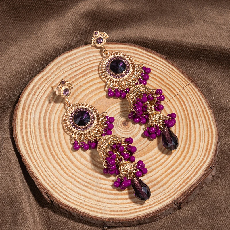 Винтажные длинные серьги с фиолетовыми кристаллами Jhumka Женские Висячие из