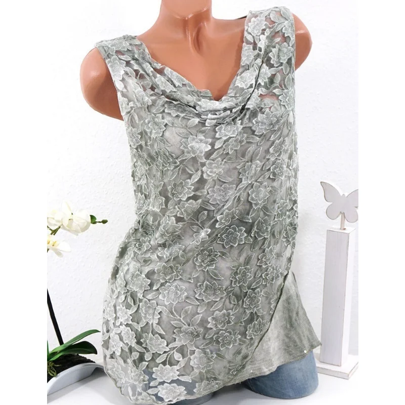 

Elegant Lace Sleeveless O Neck Ladies Clothes Casual Solid Stylish Blouse with Flower New Fashion Chiffon Top Women Blusas 26400