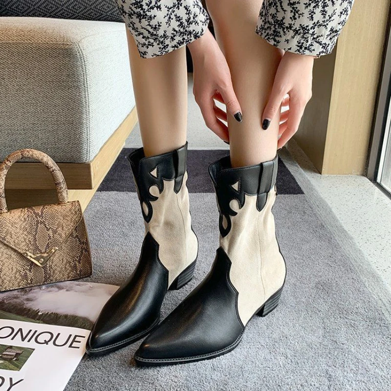 Retro Western Cowboy Boots Short Boots Women Mid-tube Thick Heel Pointed High-heeled Knight Boots Single Boots Fashion New