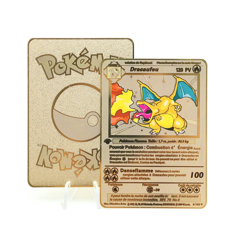

New French Pokemon Shiny Gold Metal Card Pikachu Charizard Child Holiday Gift Vmax GX EX Game Tag Team Fighting Collection Cards