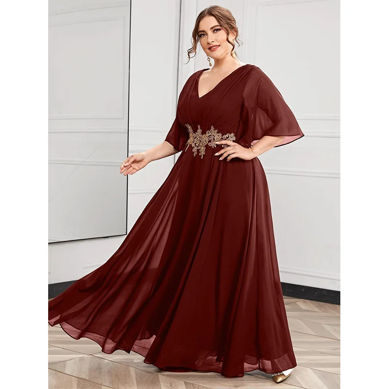Plus Size 2023 4XL 5XL Chiffon Flower Patch V Short Sleeve Dress Wedding Loose Luxury V Neck Lace Plus Size Dress Women Summer M