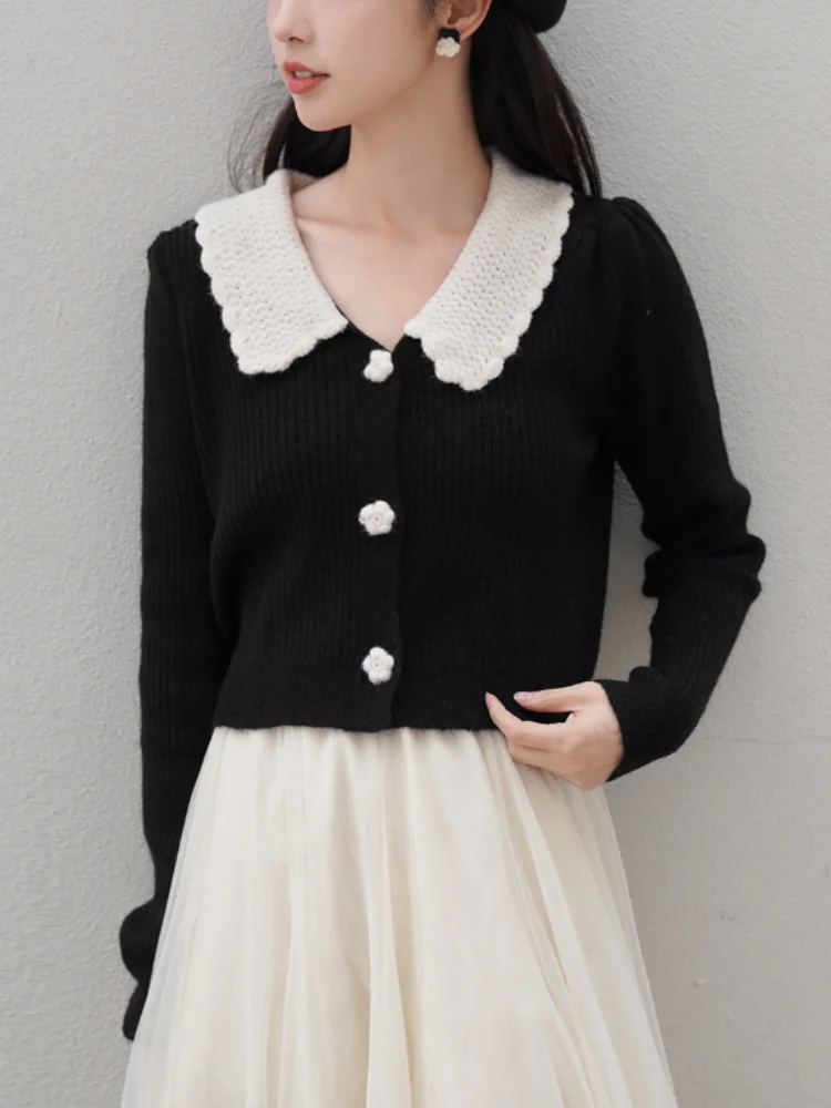

Vintage Sweet Knitted Cardigan Sweater Women Warm Peter Pan Collar Cashmere Crop Sweater Spring Elegant South Korea Clothes New