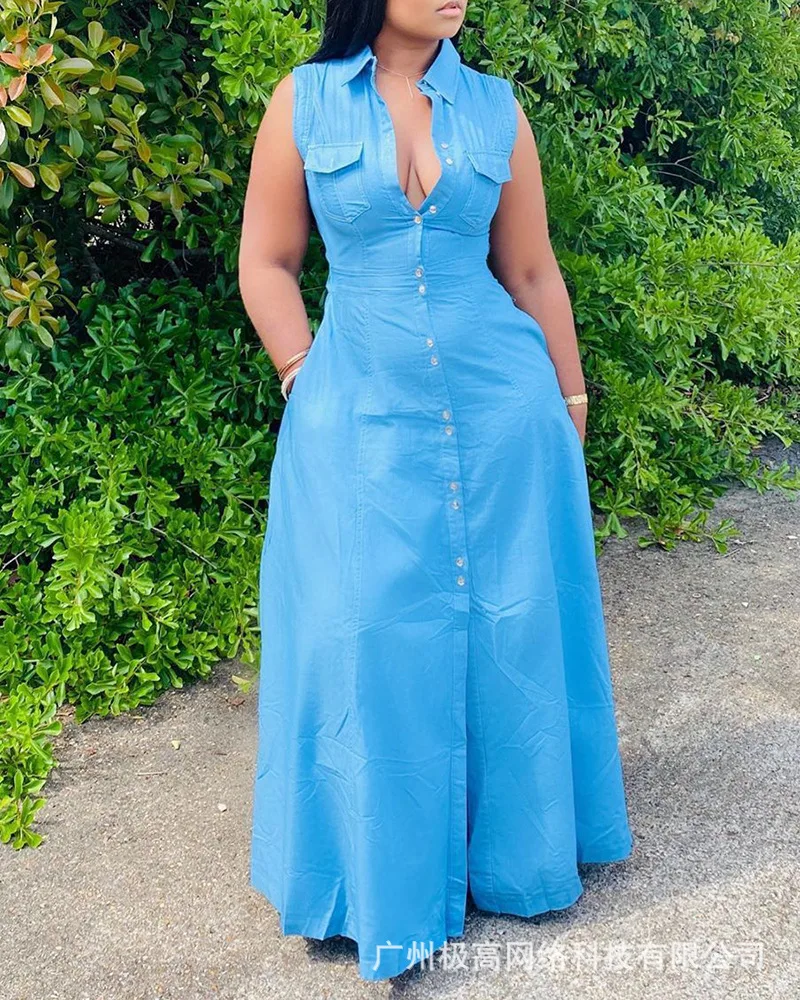 

Женское однобортное платье макси на пуговицах, Длинное свободное однотонное платье с карманами и разрезом спереди, с высокой талией, весна-лето