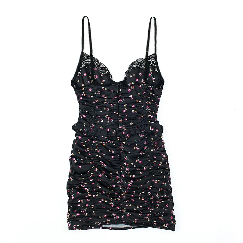 

Sexy Dress Vestidos Flower Print Dropped Ruched Backless Sling Woman Deep V Neck Package Hips Spaghetti Strap Mini Party Dress