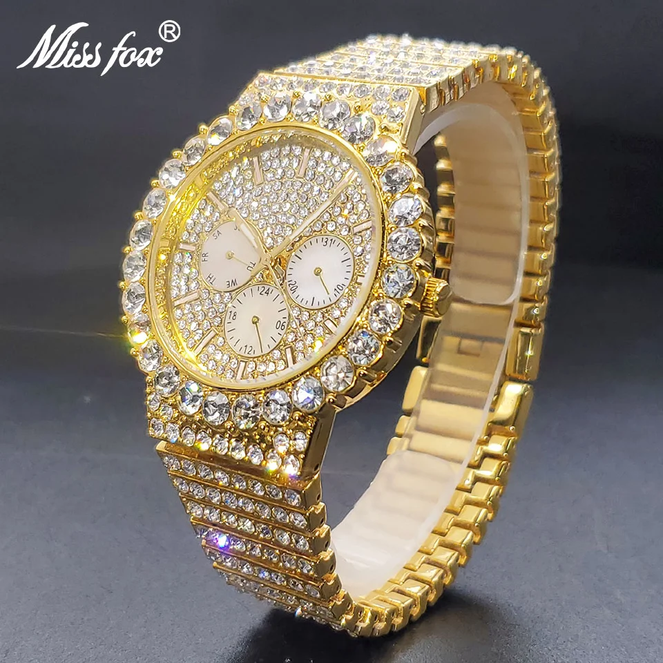 

Gold Men Watch Ultra Diamond Hip Hop Stylish Quartz Watches For Man Calendar Week Display Elegant Dress Hand Clock Dropshipping