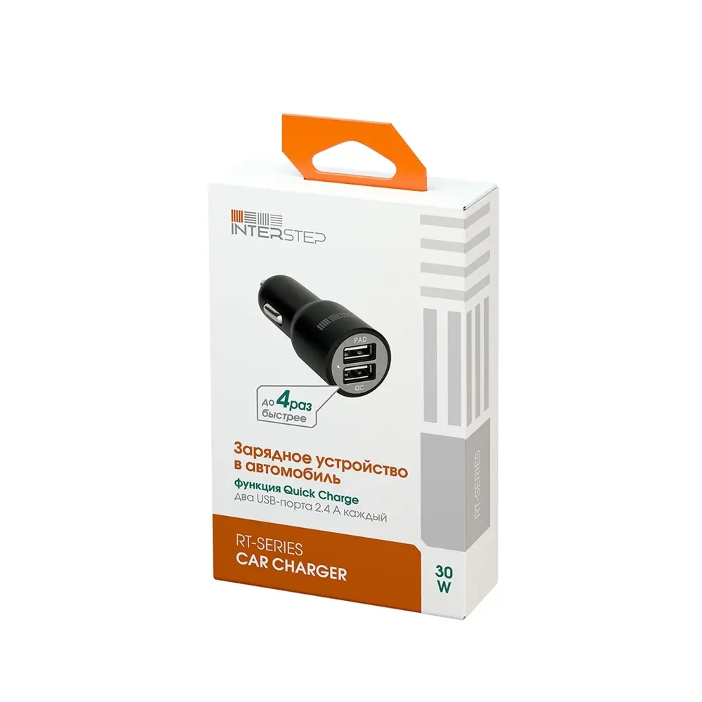 Автомобильное зарядное устройство INTERSTEP 2 порта USB 2А+2А мощность 30W быстрая