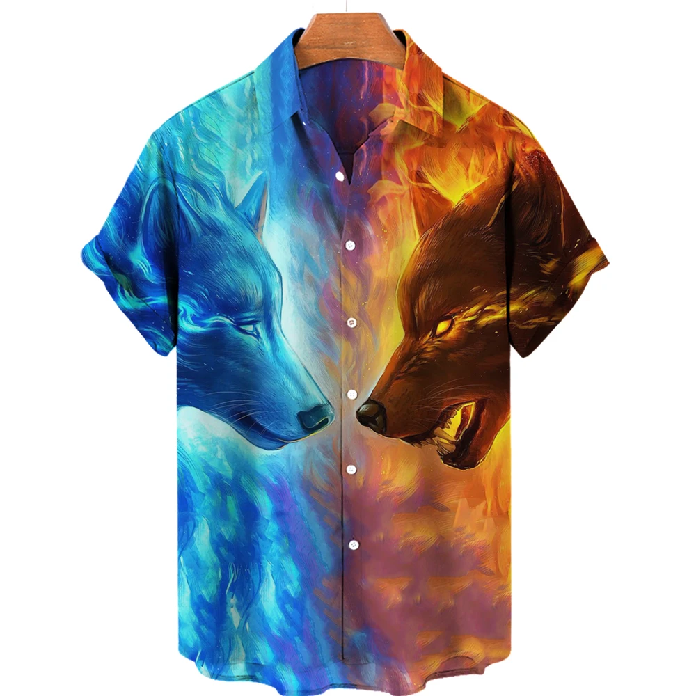

Lovers Wolf Print Shirt Men's 3D Hawaiian Fashion Short Sleeve Casual Solapa Shirt Summer Loose Wolf Large Shirt