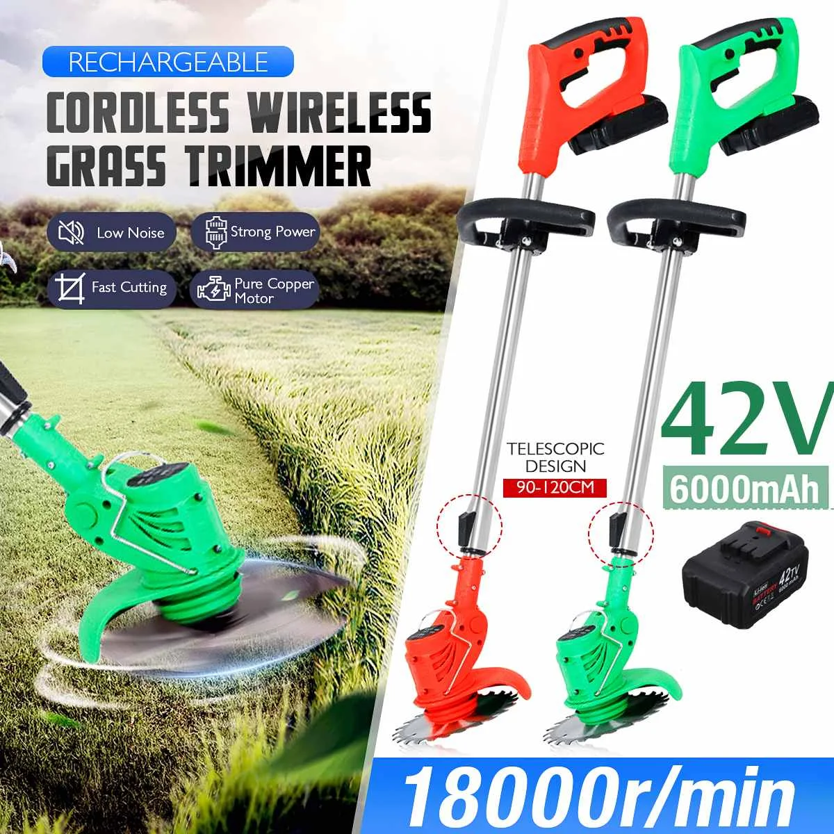 

42V Electric Lawn Mower Rechargeable Battery 18000RPM Cordless Grass Trimmer Household Portable Garden Home Trimming Machine