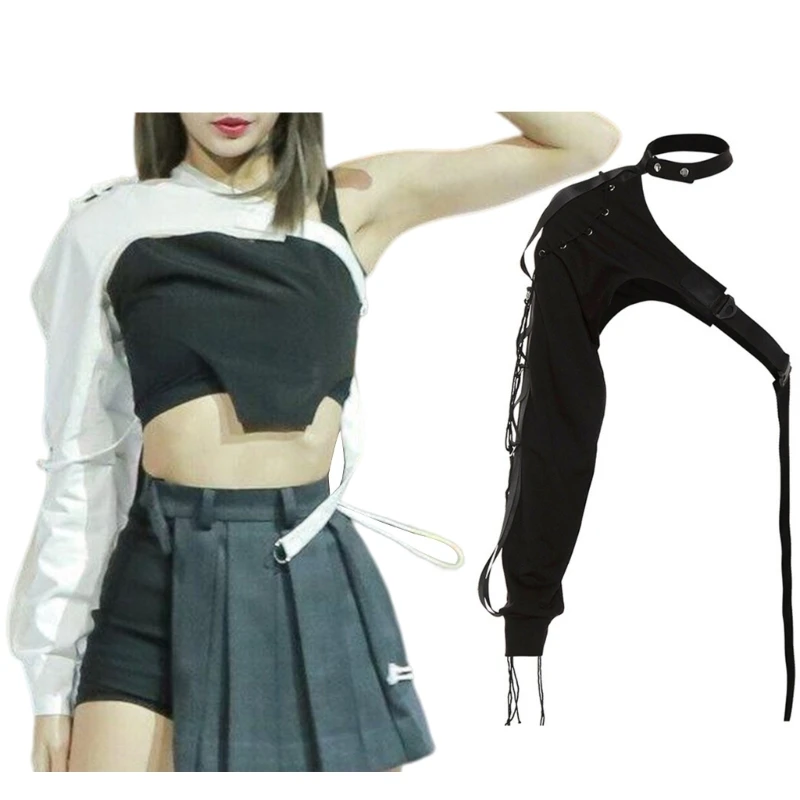 

M2EA Punk Rock Women Asymmetrical One Shoulder Long Sleeve T-Shirts Halter Choker Buckle Bandage Cropped Jackets Streetwear