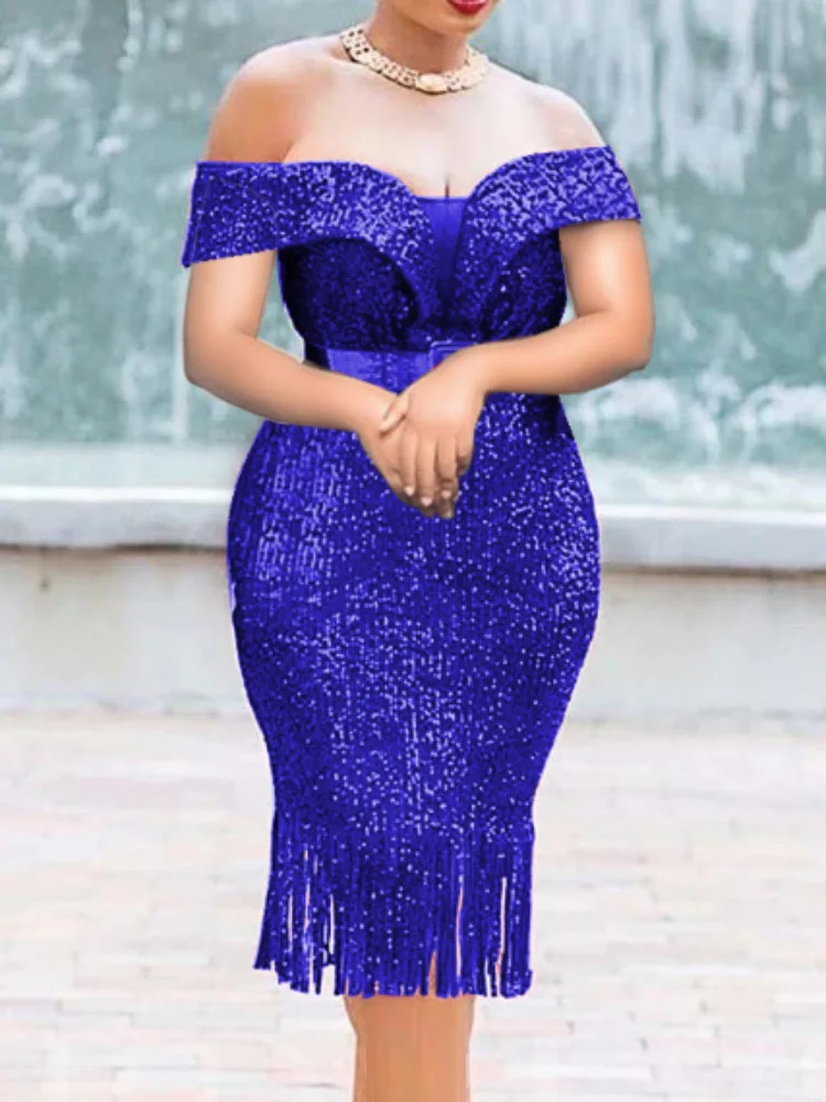 

African Dresses For Women Dashiki Sexy Bare Shoulder Sequin Dress Glitter Tassel Dress Bodycon Summer Party Evening Gowns