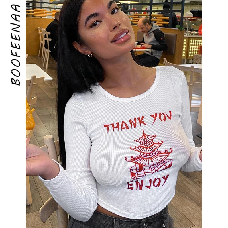

BOOFEENAA Thank You Enjoy футболка с буквенным принтом белый ребристый вязаный кроп-топ с длинным рукавом футболки для женщин Одежда Осень 2020 C66BZ19