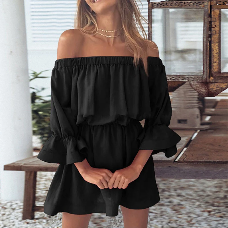 

Летнее женское Повседневное платье с открытыми плечами и рукавом-колокольчиком, новинка 2022, женское однотонное ТРАПЕЦИЕВИДНОЕ мини-платье ...