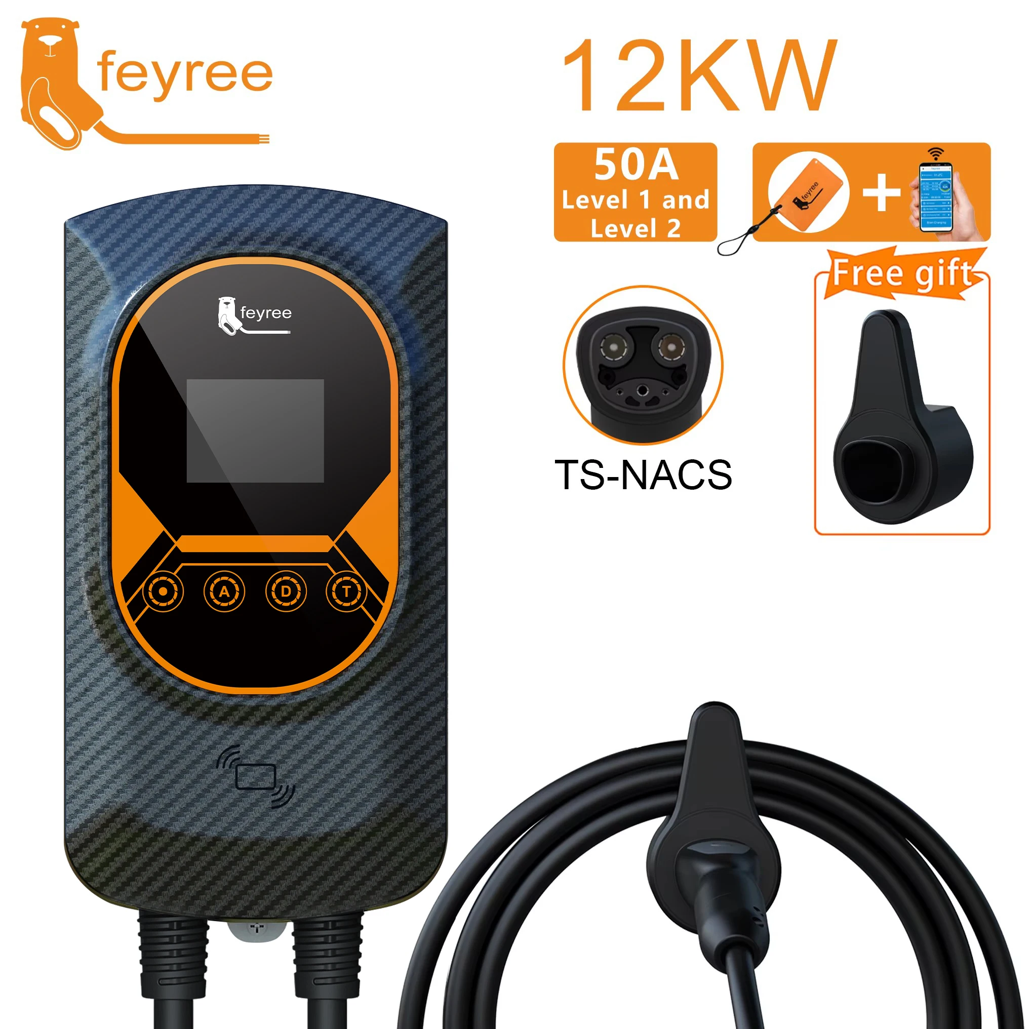 

Feyree Зарядная станция EV для TS-NACS Socket EVSE Wallbox 32A 7.6KW 40A 9.6KW 50A 12KW Управление через приложение для быстрой зарядки для автомобиля Tesla