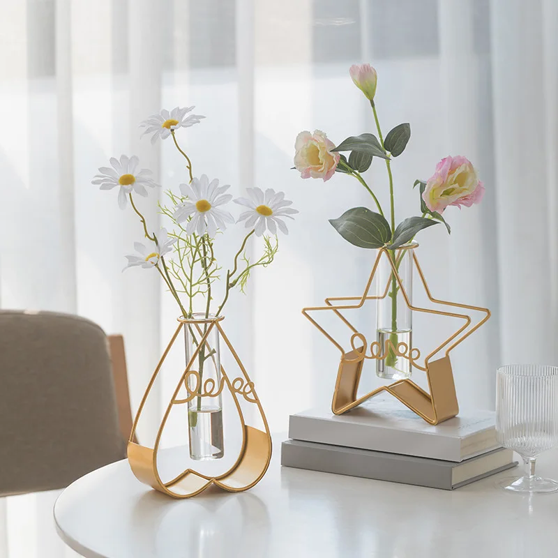 

Nordic Simple Style Glass Vase Hydroponic Plant Flower Vase Iron Geometric Glass Test Tube Metal Plant Holder Home Desktop Decor