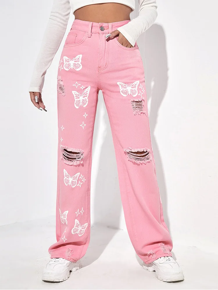 Ripped Jeans Women Straight Leg Mom Jeans High Waist Loose Fit Pants Denim Butterfly Print Cotton Trousers Streetwear 2022 New