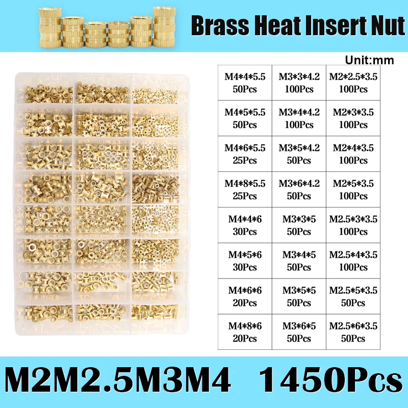 

Гайка с кольцевой вставкой из латуни набор нагревателей для паяльника M2 M3 M4 M5 M6, набор инструментов с медными вставными гайками для пластиковой 3D-печати