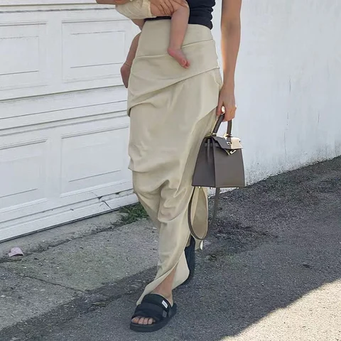 Harajuku Fashion Low Waist Solid Long Skirt Y2k Women High Waist Retro Ruched Cargo Skirts Long Slit Tech Outfits Korean