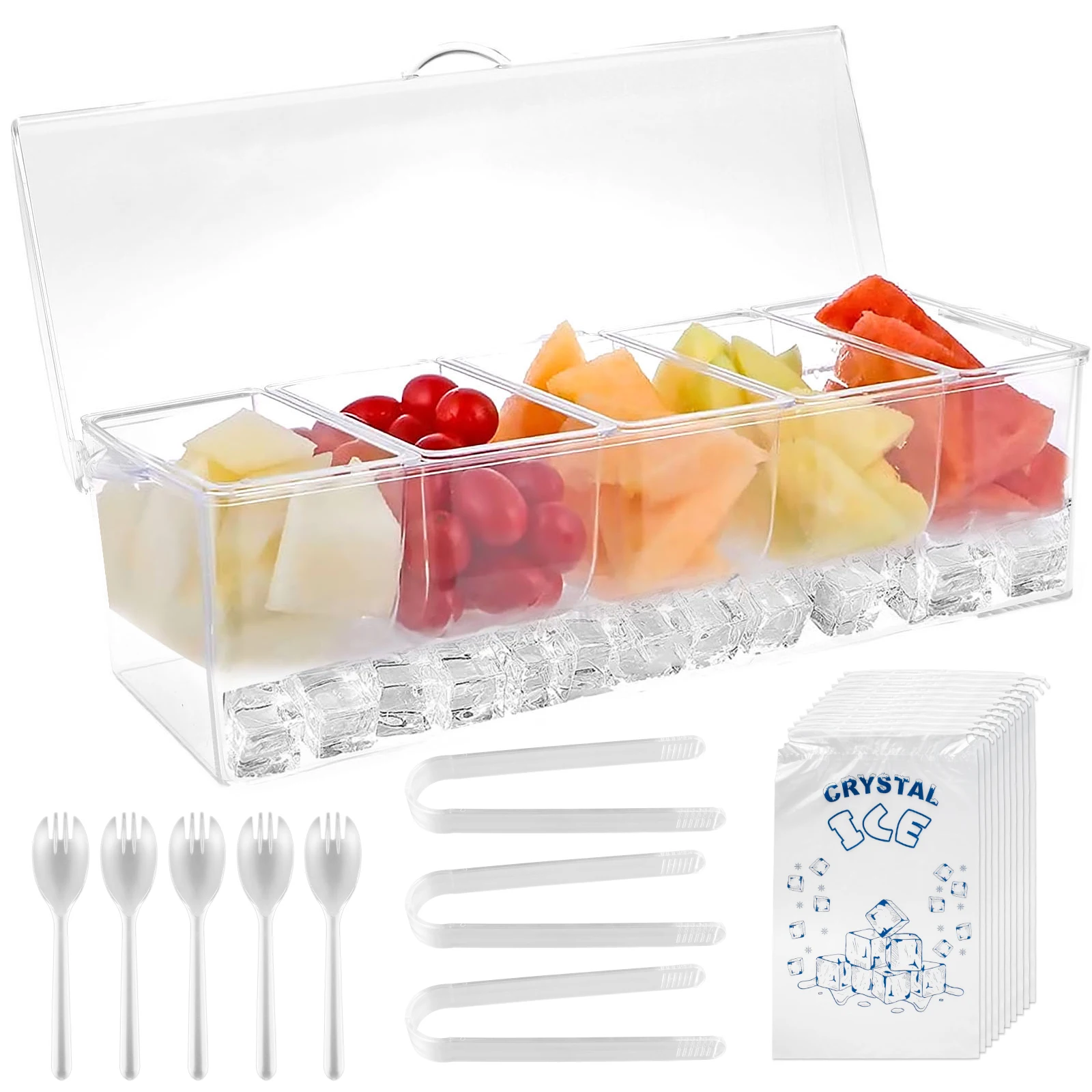 

Chilled Condiment Server with 5 Removable Compartment Clear Garnish Tray with Lid Reusable Chilled Serving Caddy Ice Party