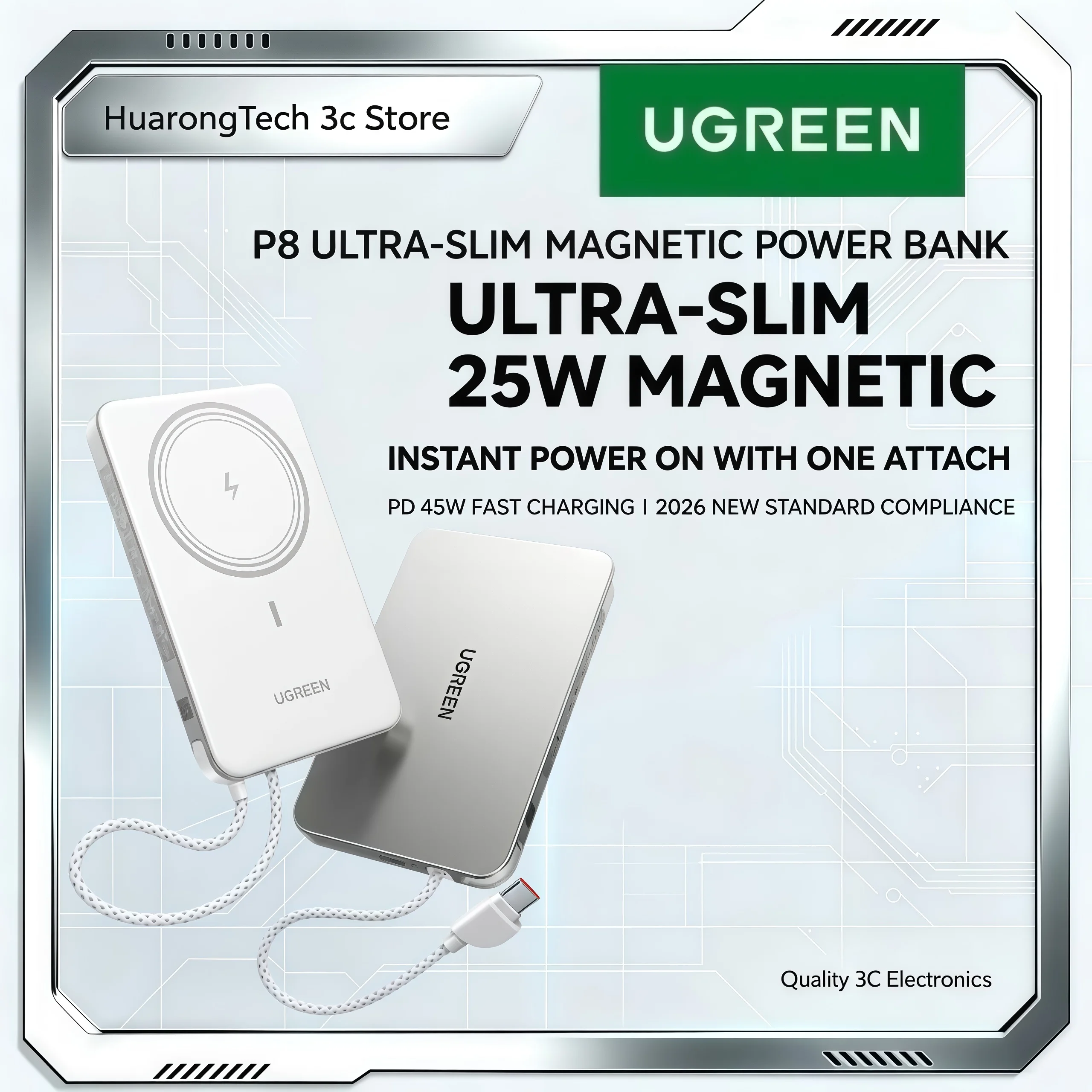 Фото UGREEN P8 Ультратонкий магнитный повербанк 10000 мАч 25 Вт с кабелем-ремнем, совместимый с Apple 17, беспроводной кабель для быстрой зарядки PD45W №1
