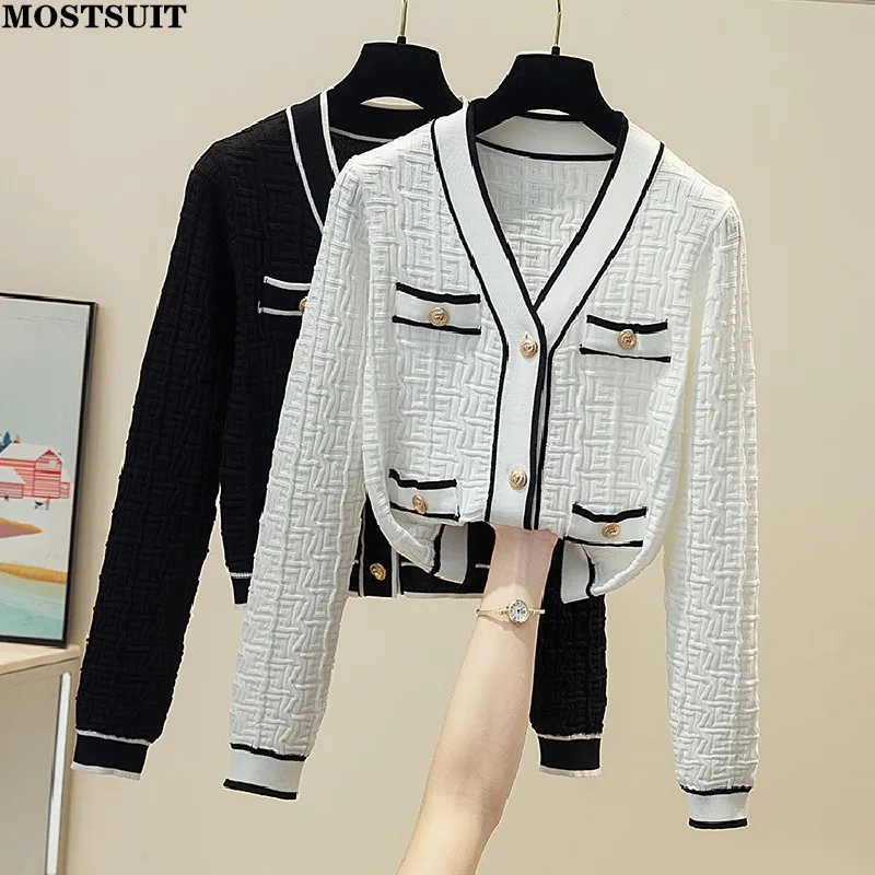 

Jacquard Knitted Women Sweater Tops Long Sleeve V-neck Cardigan Jumper Elegant Vintage Contrast Color Slim Ladies Knitwear 2022