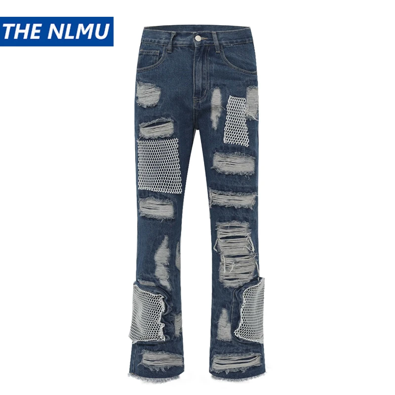 Vintage Denim Pants 2023 Men Streetwear Retro Ripped Grid Patchwork Denim Pant Jeans HipHip Casual Joggers Trousers Jeans