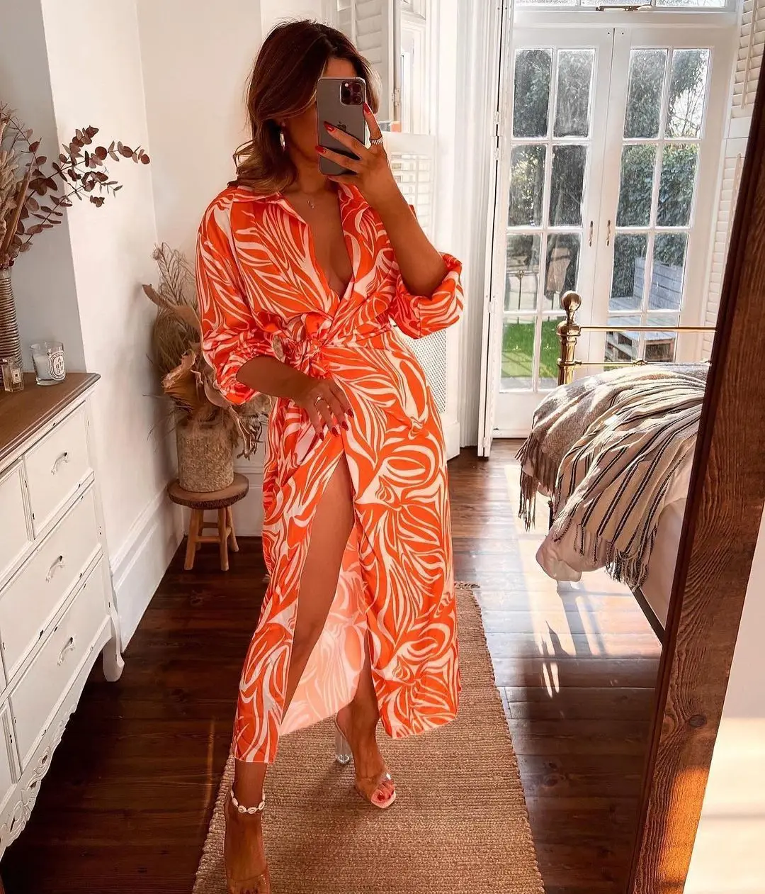 

Women's Dresses Spring 2022 Fashion Print Lantern Sleeve Lace Up Vented Lapel Long Sleeve Contrast Midi Dress