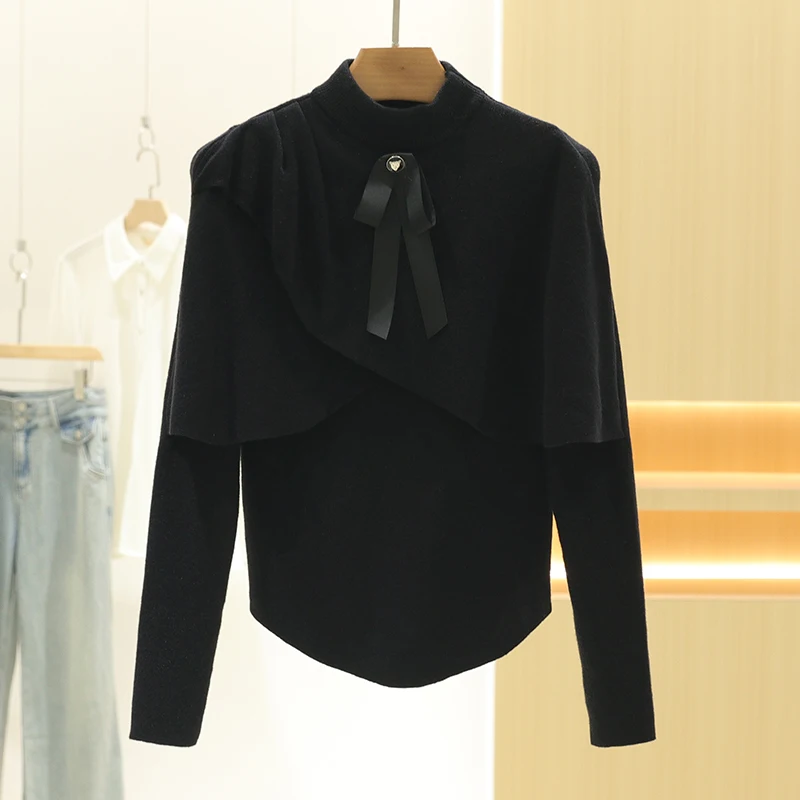 [Sha] Elegant Small Stand Collar Fake Two-Piece Commuter Slimming Long sleeve Knit sweater 24 Winter New Withdraw from Cupboa...