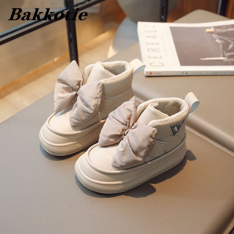 

Grils Snow Boots 2022 Winter Kids Fashion Brand Princess Ankle Warm Fur Shoes Toddler Cute Bowtie Water proof Soft Platform