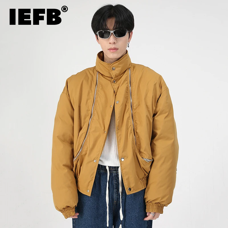 IEFB Men's New Trendy Padded Jacket Warm Stand Collar Solid Color Chic Zipper Design Male Parkas Cotton Coat 2022 Fashion 9A6493