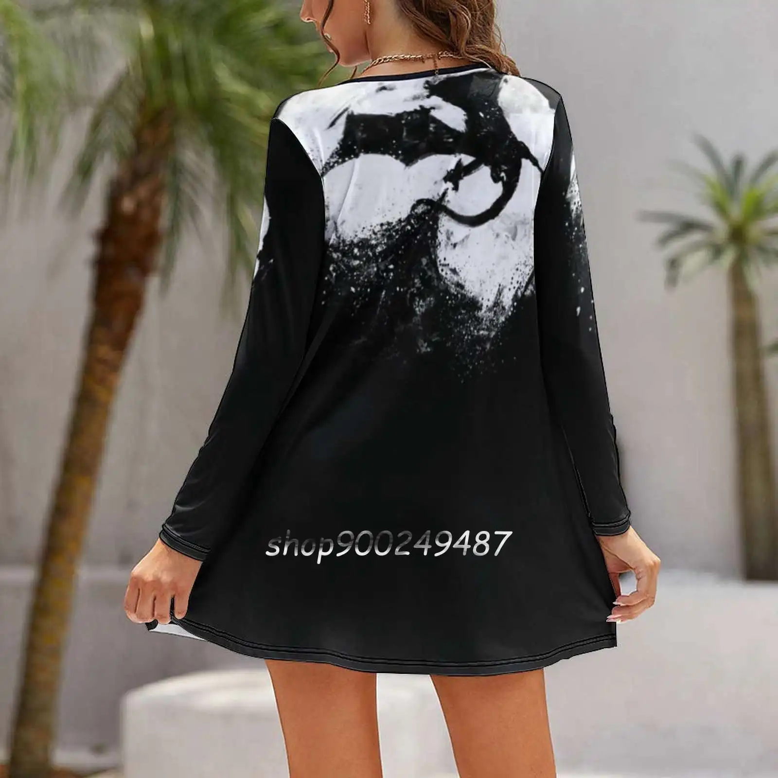 Midnight Desolation Long Sleeve Sexy Dresses For Women 2022 Ladies Vintage Elegant Party Dress Splatter Moon Dragon Fire Book