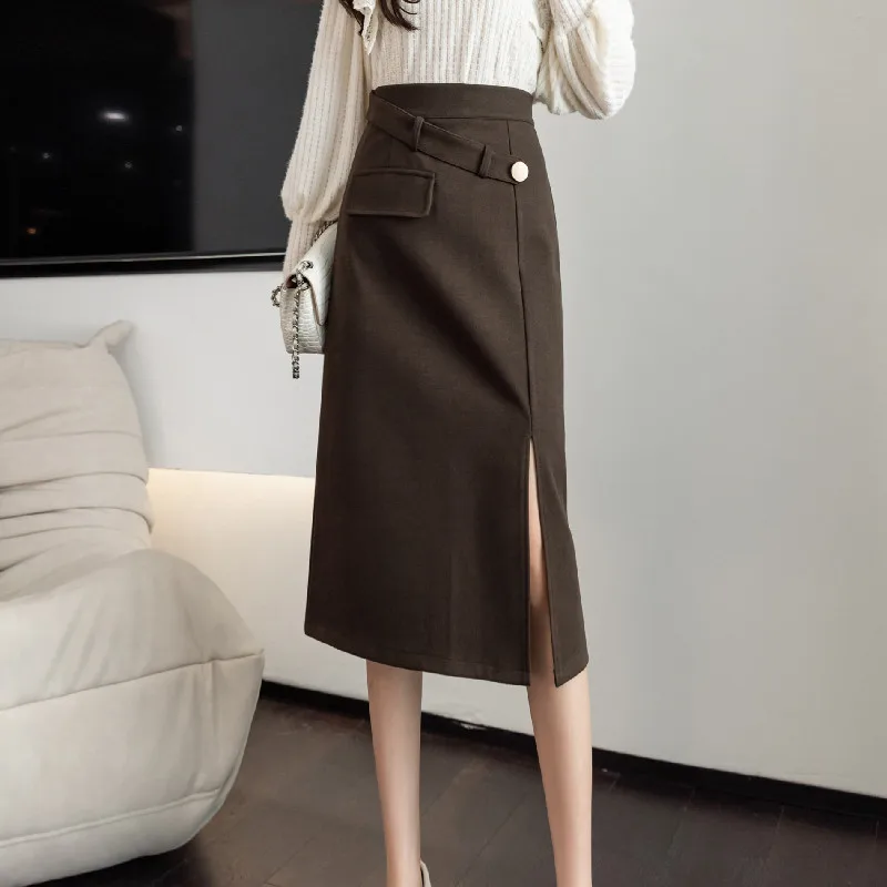 

French Niche Woolen Skirt Women's Autumn/winter Slit Slim Long Pocket Hip Skirt Fashion One-step Skirt