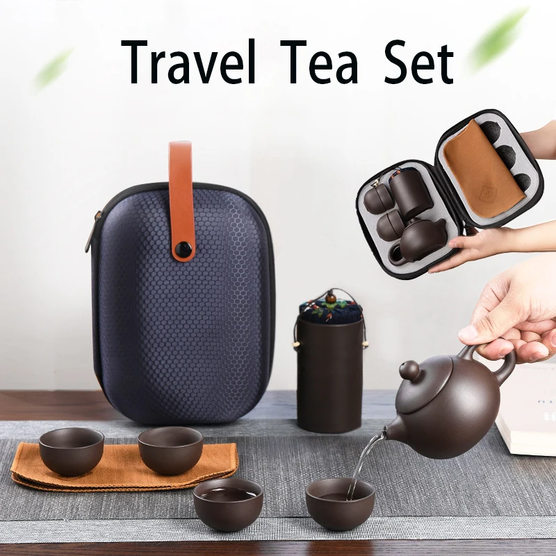 

Портативный дорожный чайный сервиз, Фиолетовый Глиняный семейный чайный набор, китайский фарфоровый чайник, 4 чашки, чайная чашка ручной ра...