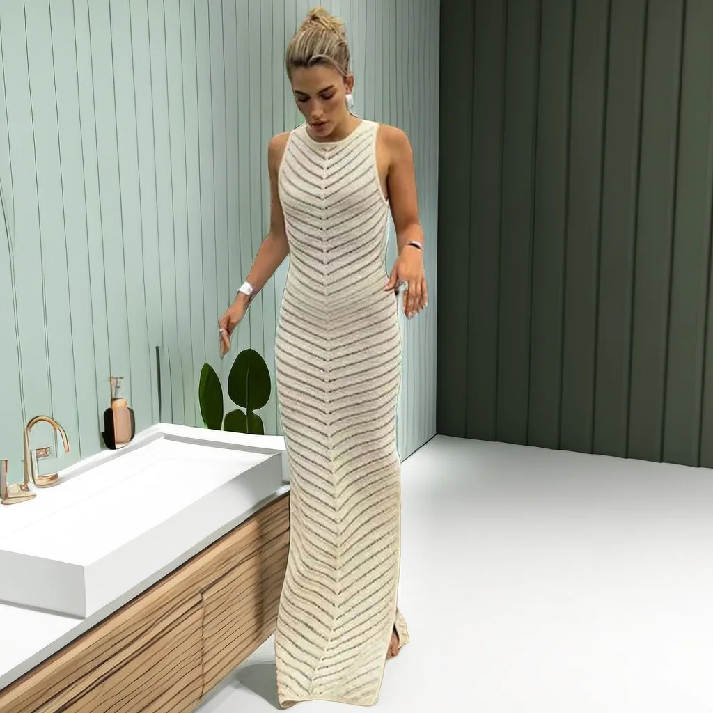 

RDMQ 2023 Women Hollow Knitted Vest Dress Sleeveless Round Neck Double Split Slim Long Dresses Beach Female Vacation Vestidos
