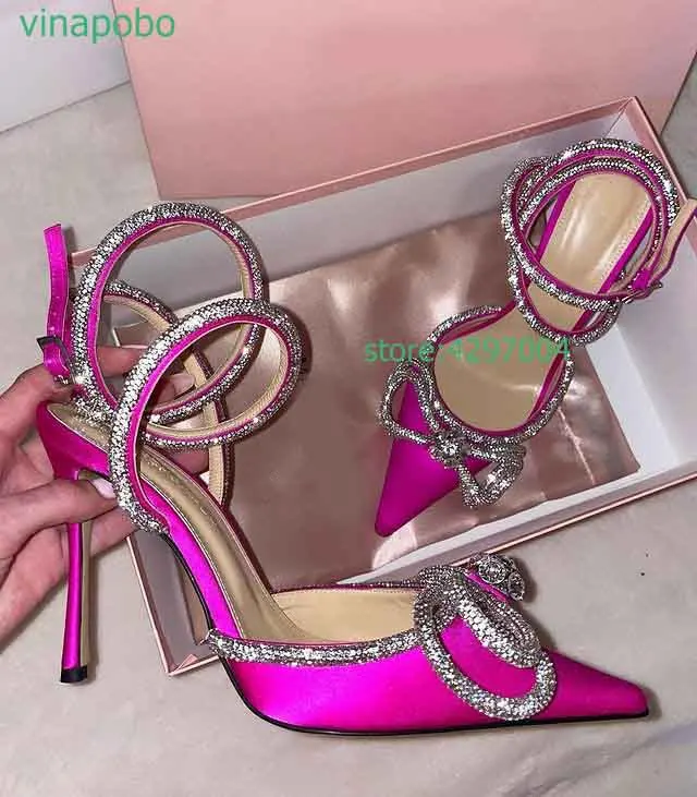 

Vinapobo Luxury Rhinestone Bowtie High Heel Women Pumps 2022 Pointed Toe Satin Bridal Wedding Shoes Party Prom Ladies Shoes 42