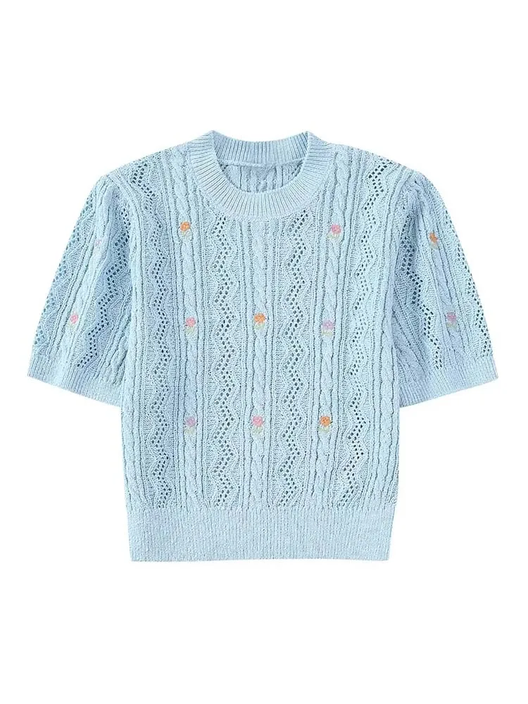 

Женский свитер с цветочной вышивкой, с коротким рукавом