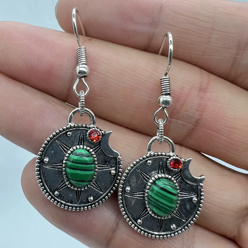 

Vintage Round Metal Crescent Earrings Inlaid Malachite Red Crystal Women's Personality Drop Earrings Jewelry