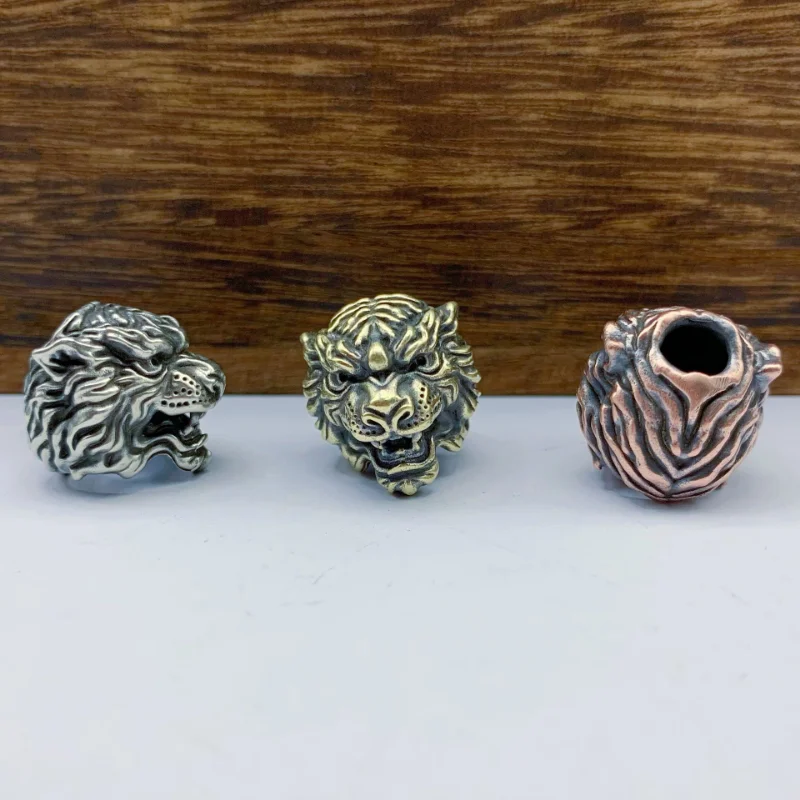 Animal Tiger Head Brass Umbrella Rope Beads DIY Knife Accessory Retro Keychain Pendan Outdoor Survival Tool Lanyard Hanging