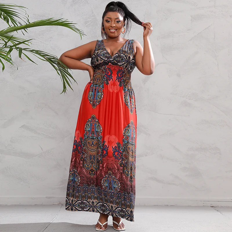 2022 Plus Size Large Hem Printed Multicolor Dress For Travel Party Wear Style Multicolor Long Women's Dress