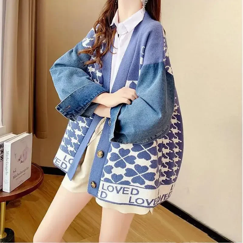 Женский джинсовый вязаный свитер Свободный кардиган оверсайз в японском стиле