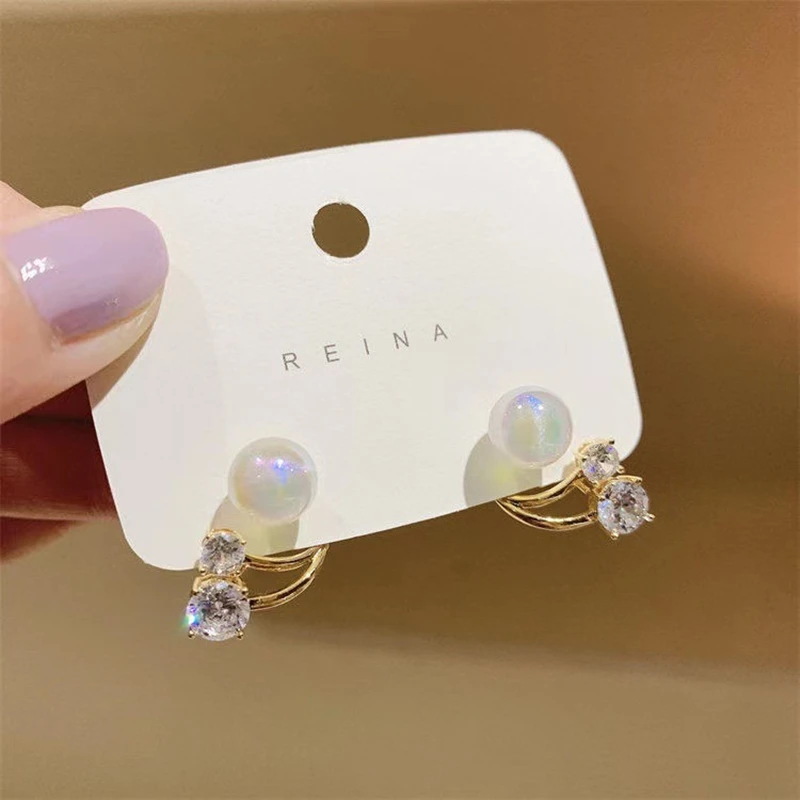 Korean Unique Pearl Crystal Back Double Sided Stud Earrings for Women Jackets Curved Piercing Ear Jewelry Pendientes Gift