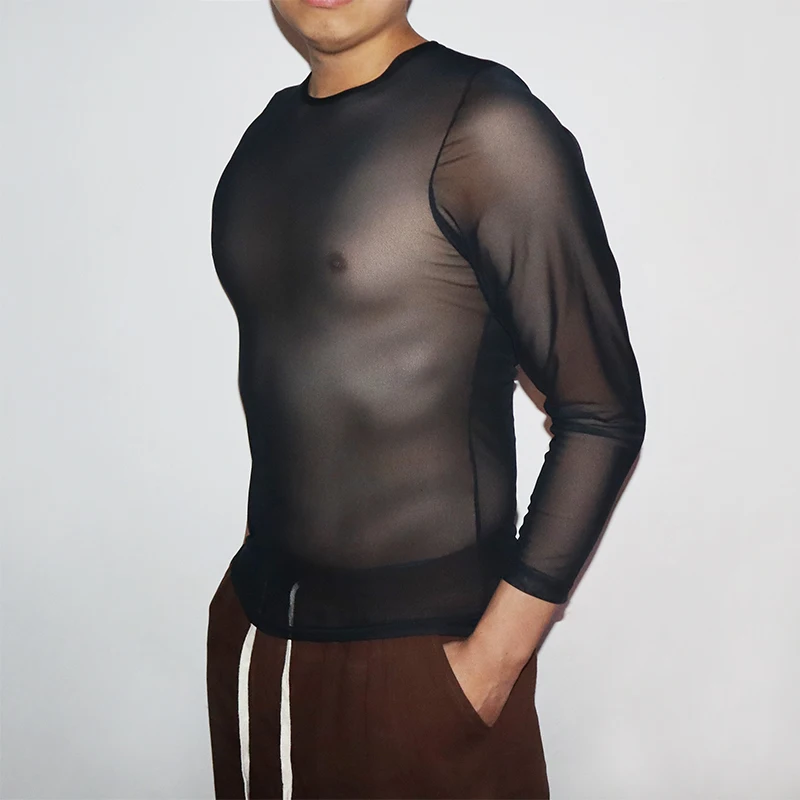 

AIIOU Fishnet Undershirt Men Mesh Sexy Transparent Gay Long Sleeve Shirts See Through Underwear Tops Clubwear Wrestling Singlet