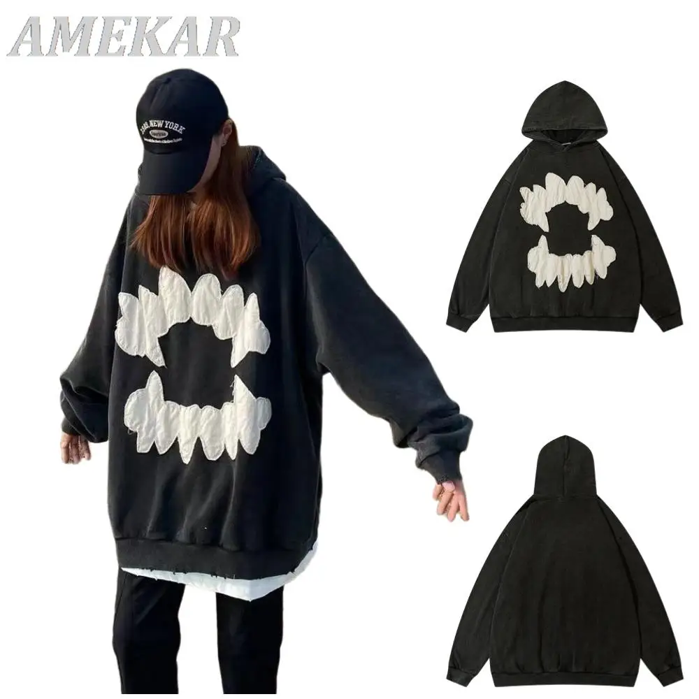 

2023 толстовка унисекс Y2K, свитшот, винтажный, в стиле хип-хоп, с вышивкой зубов, с капюшоном, в уличном стиле, Женский пуловер