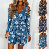 spring and autumn 2022 new womens elegant fashion slim v neck long sleeved dress hollow out casual lace up floral printed dress