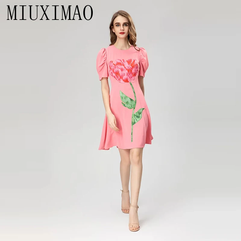MIUXIMAO 2023 High Quality Spring Summer Elegant Dress Short Sleeve O-Neck Embroidered Flower Fashion Mini Dress Women Vestide
